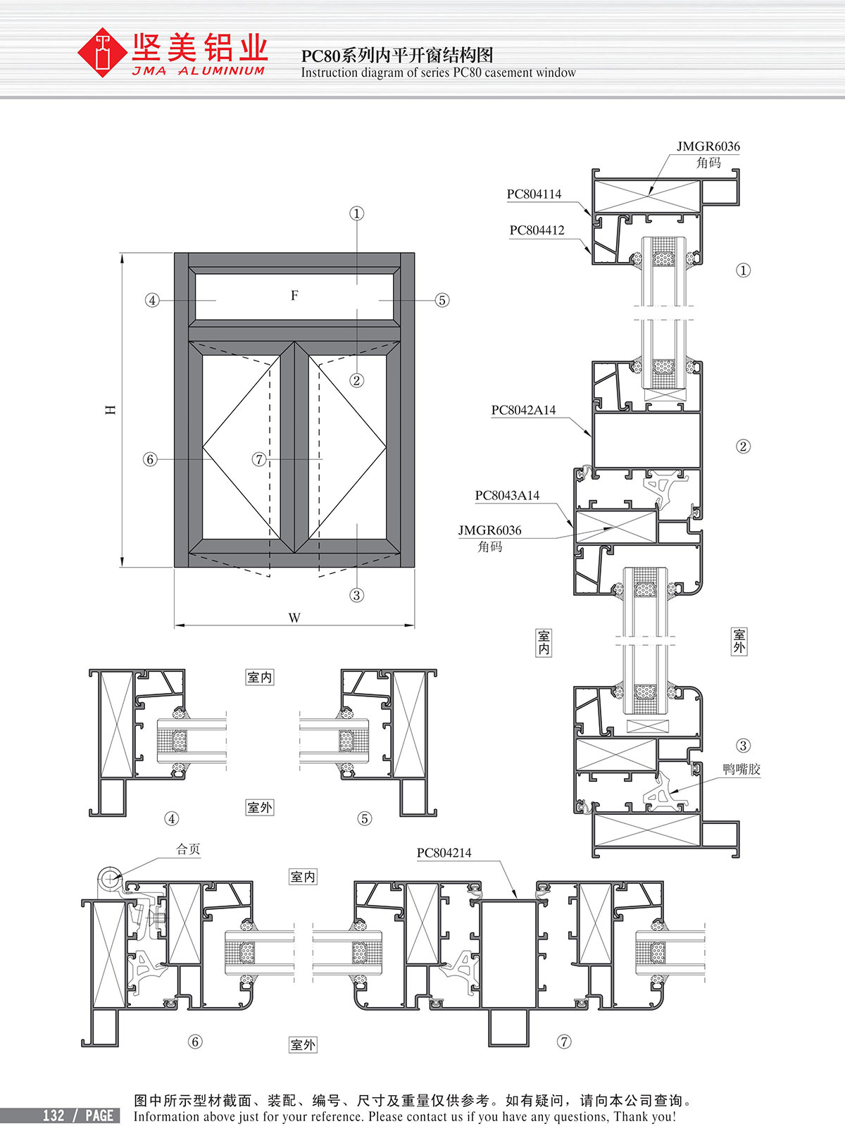 Dibujo estructural de la ventana abatible con apertura interior Serie PC80