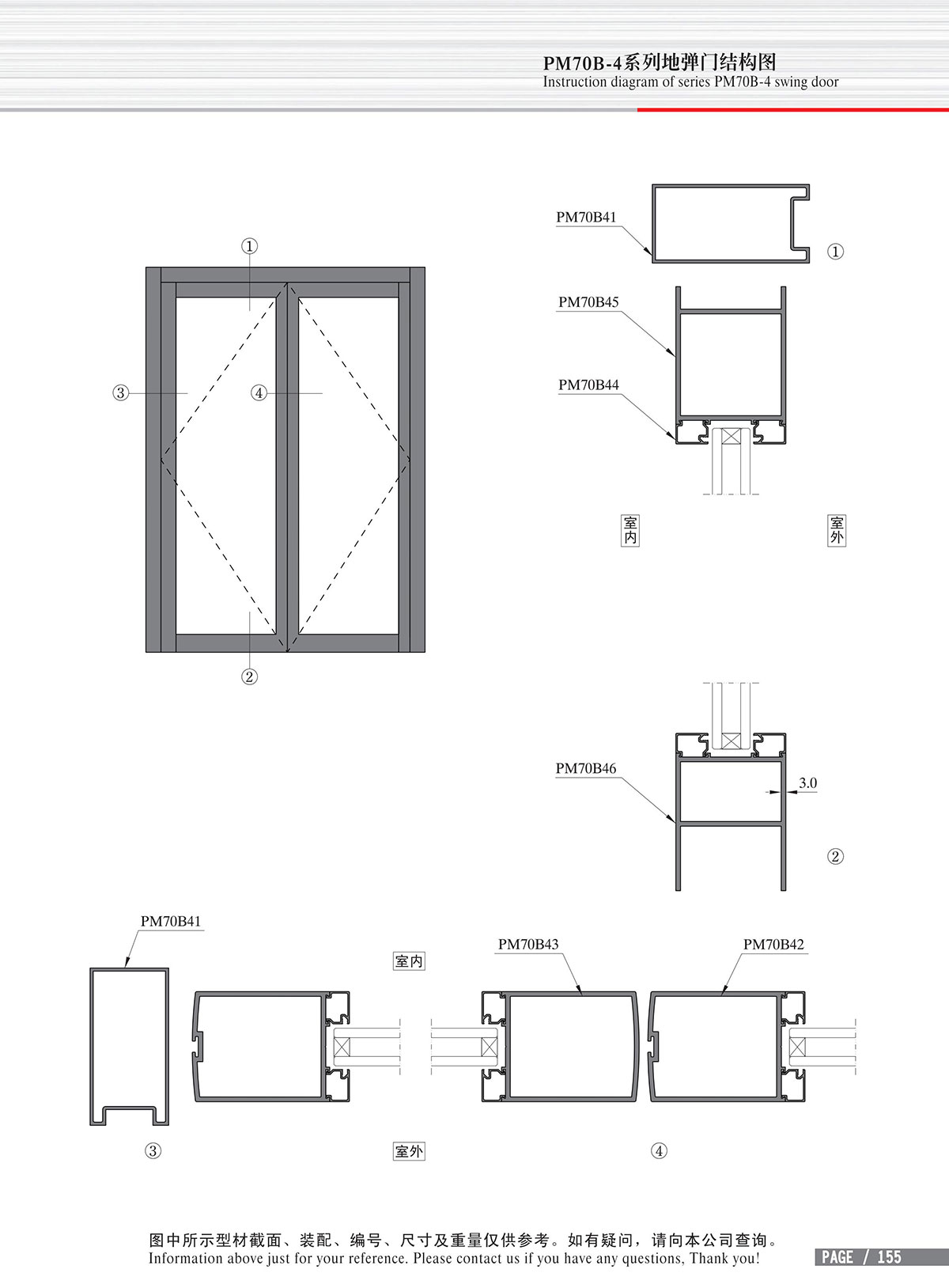 Schéma de structure de la porte à ressort au sol de la série PM70B-4