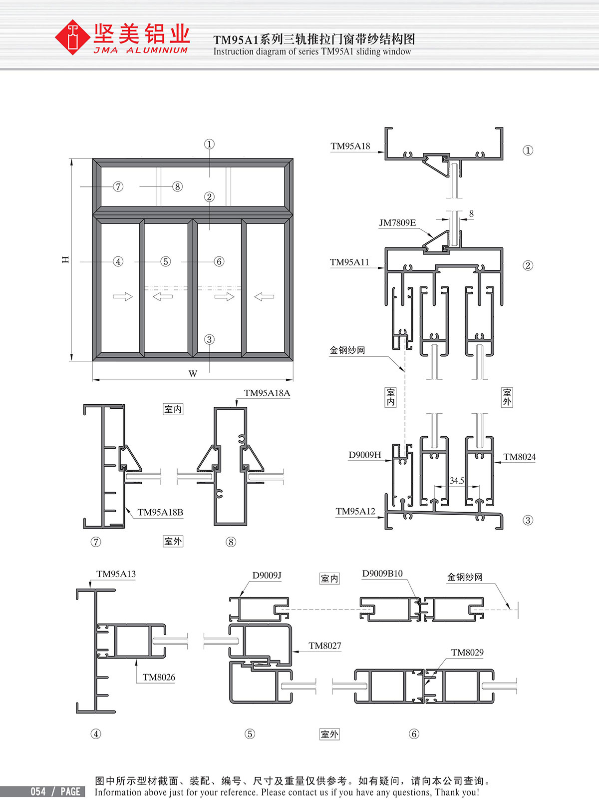 TM95A1系列三轨推拉门窗带纱结构图